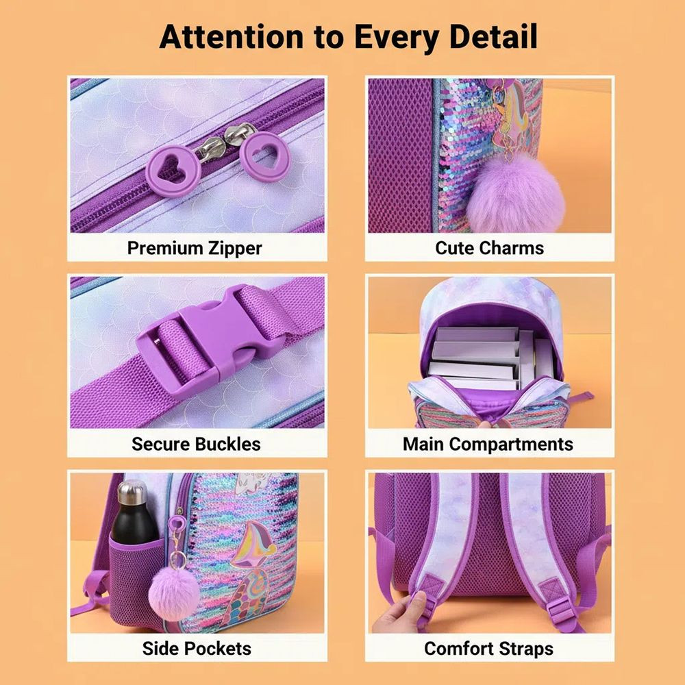 Kids Mermaid Reversible Sequins & Embroidery 3-Piece Backpack Set - Spacious School Bag with Lunch Box & Pencil case