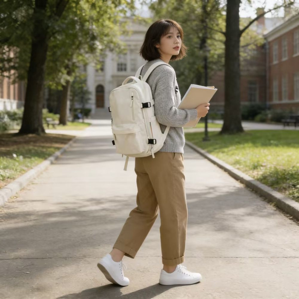 Minimalist white Casual Backpack, 43x30x18cm Durable Fabric Daypack with Breathable Mesh Straps & Multiple Pockets