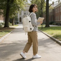 Minimalist white Casual Backpack, 43x30x18cm Durable Fabric Daypack with Breathable Mesh Straps & Multiple Pockets
