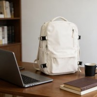 Minimalist white Casual Backpack, 43x30x18cm Durable Fabric Daypack with Breathable Mesh Straps & Multiple Pockets